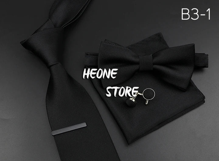 New Men's Tie Bowtie Set Luxury Business Worker Blue Black Solid Color Silk Polyester Jacquard Woven Necktie Suit Wedding Party