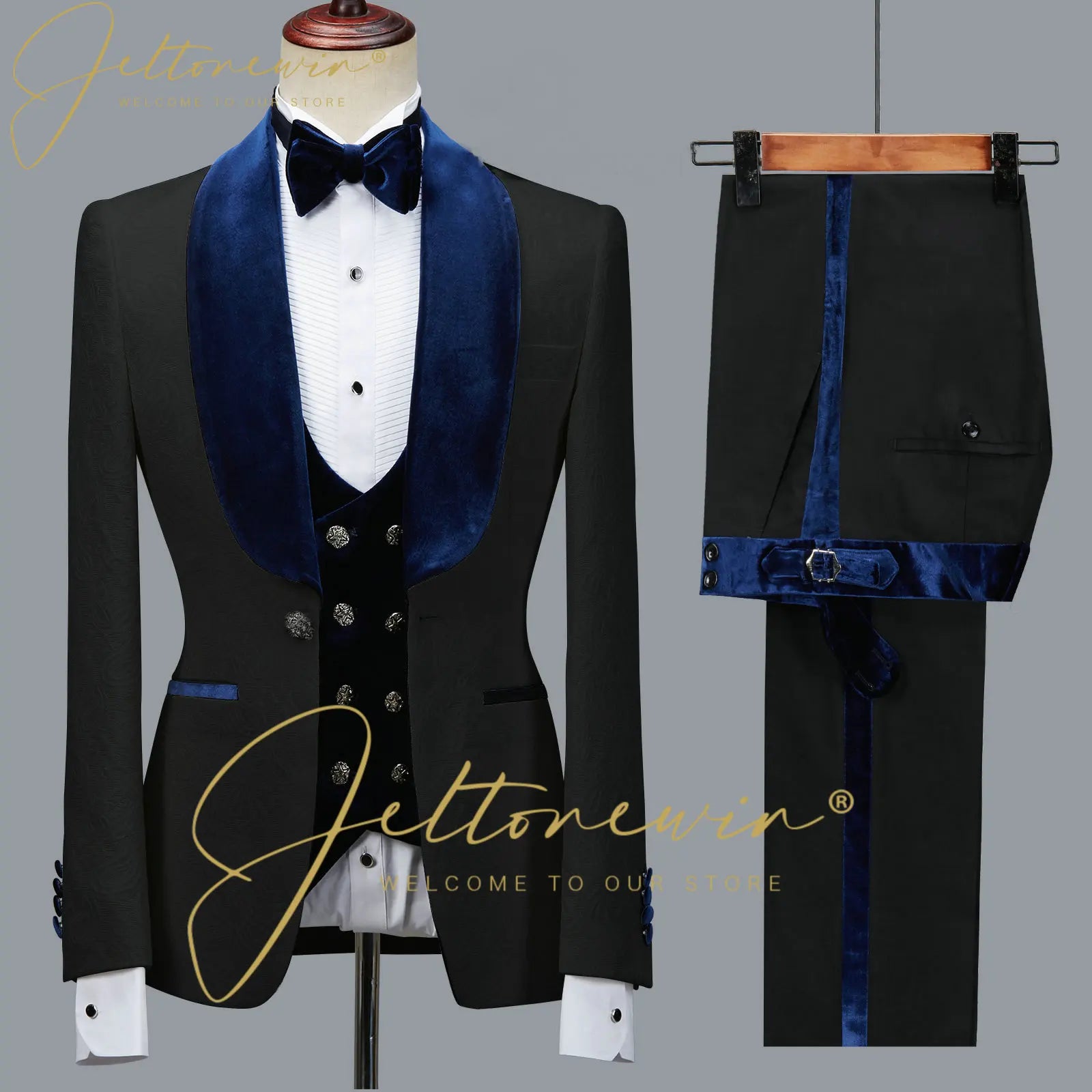 Fashion Designs Men Suits Groomsman Black Floral Jacket Burgundy Velvet Lapel Formal Groom Wear Wedding Party Dress Prom Tuxedos