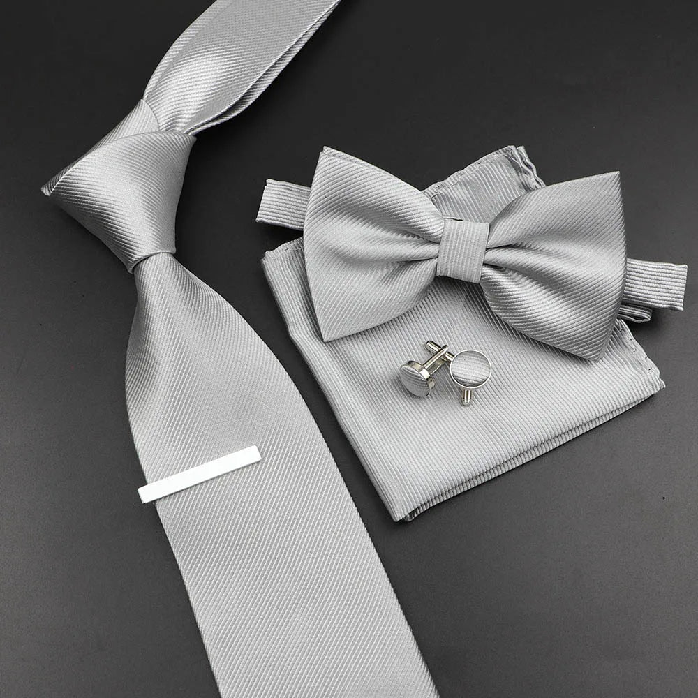New Men's Tie Bowtie Set Luxury Business Worker Blue Black Solid Color Silk Polyester Jacquard Woven Necktie Suit Wedding Party