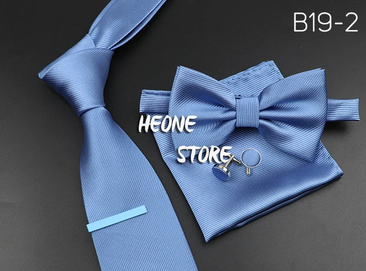 New Men's Tie Bowtie Set Luxury Business Worker Blue Black Solid Color Silk Polyester Jacquard Woven Necktie Suit Wedding Party