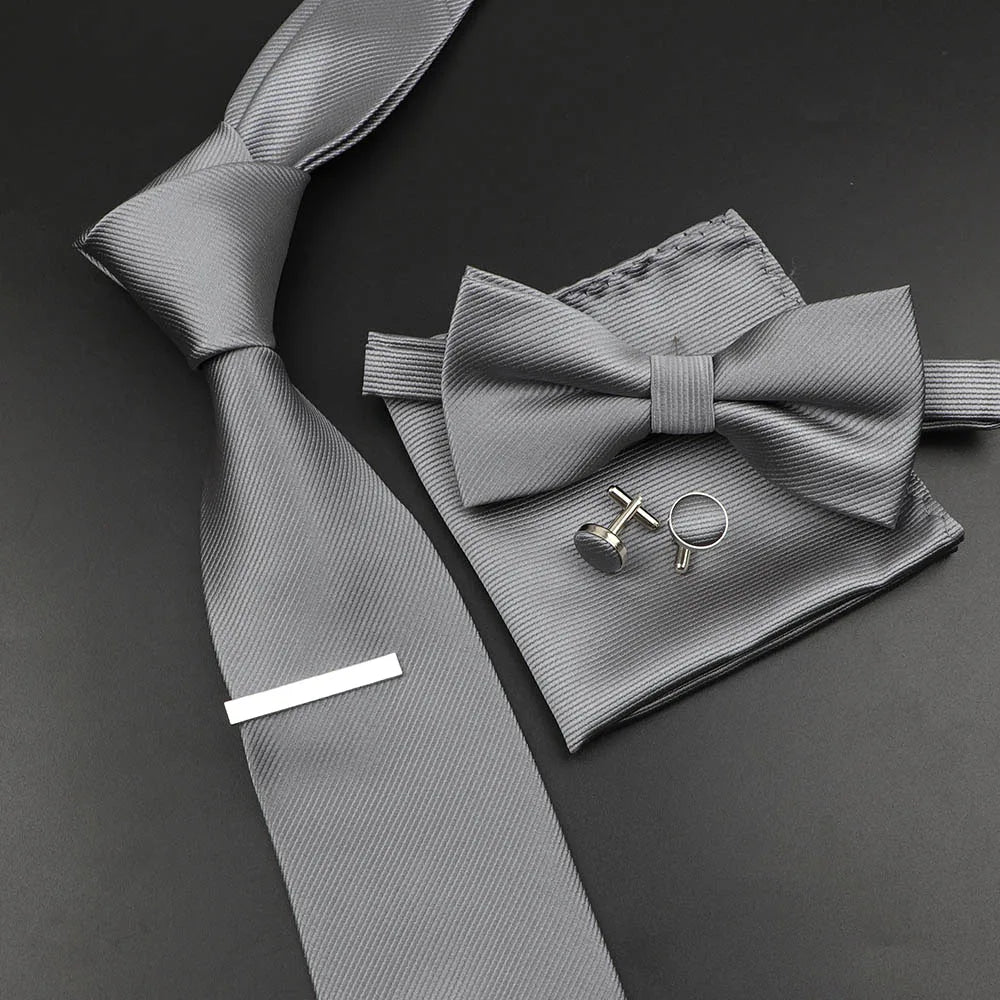 New Men's Tie Bowtie Set Luxury Business Worker Blue Black Solid Color Silk Polyester Jacquard Woven Necktie Suit Wedding Party