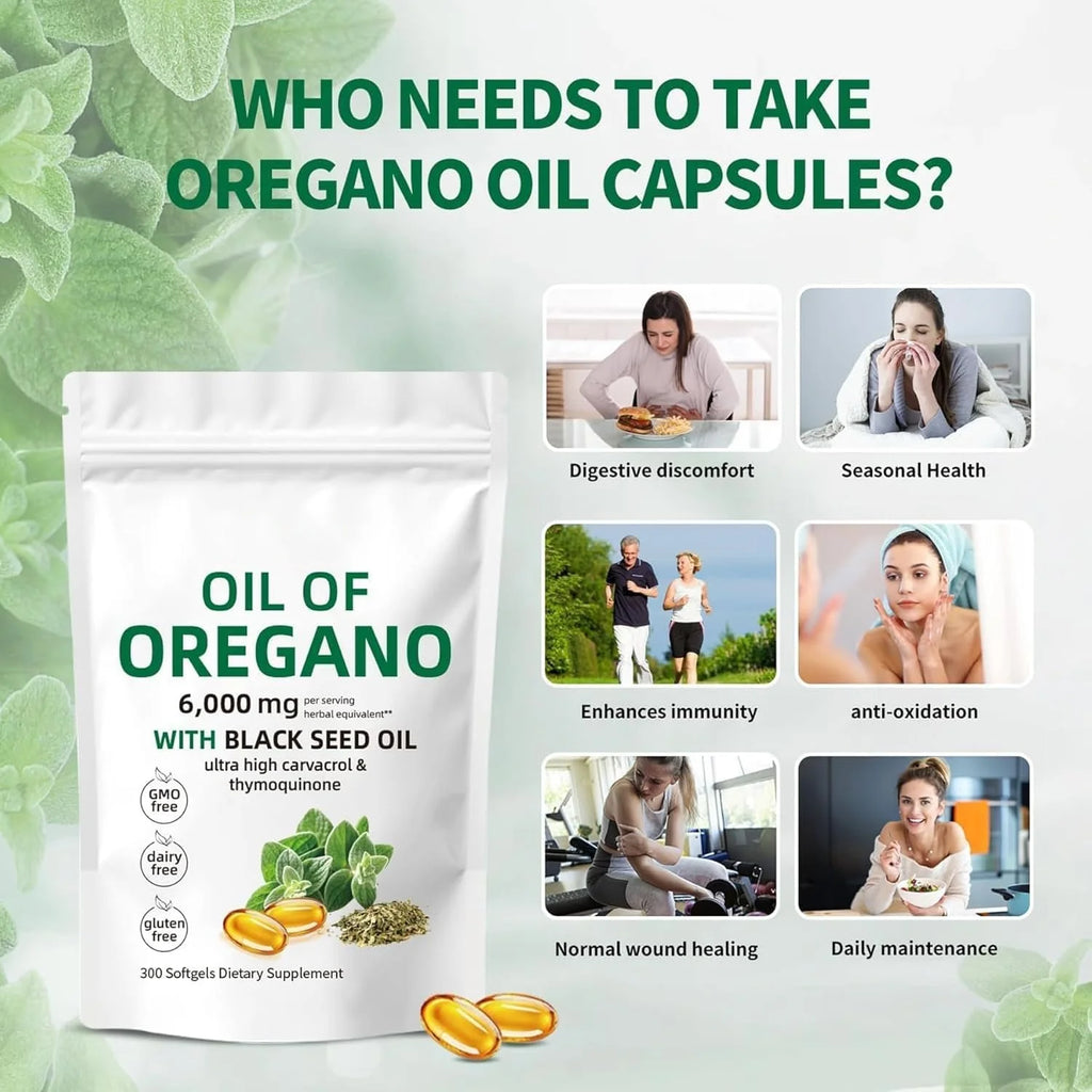 Fast OEM GMP Factory 300 Capsules Premium Oil of Oregano Supplements with 6000mg Black Seed Oil of Oregano Capsules