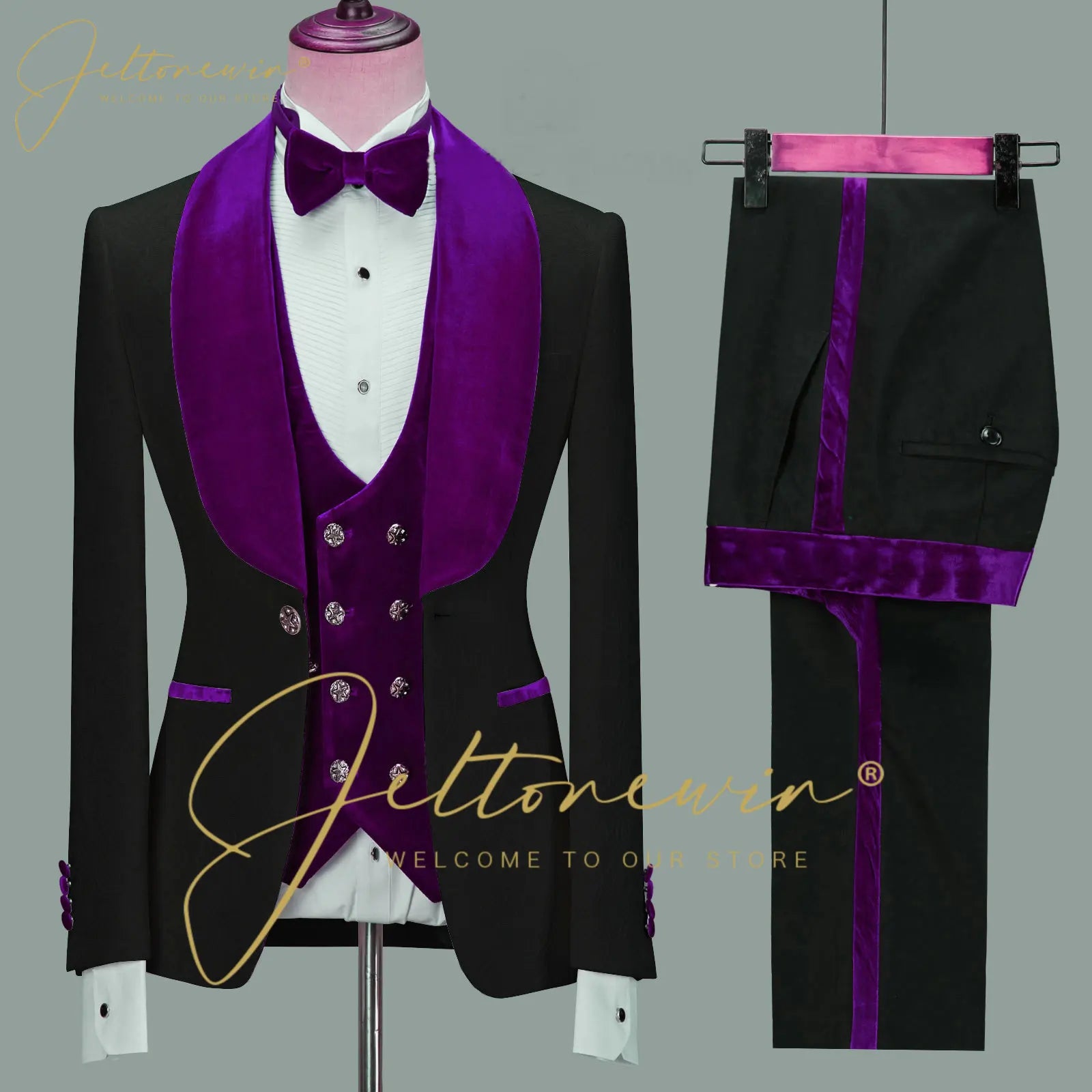 Fashion Designs Men Suits Groomsman Black Floral Jacket Burgundy Velvet Lapel Formal Groom Wear Wedding Party Dress Prom Tuxedos
