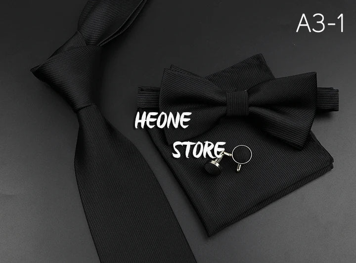 New Men's Tie Bowtie Set Luxury Business Worker Blue Black Solid Color Silk Polyester Jacquard Woven Necktie Suit Wedding Party