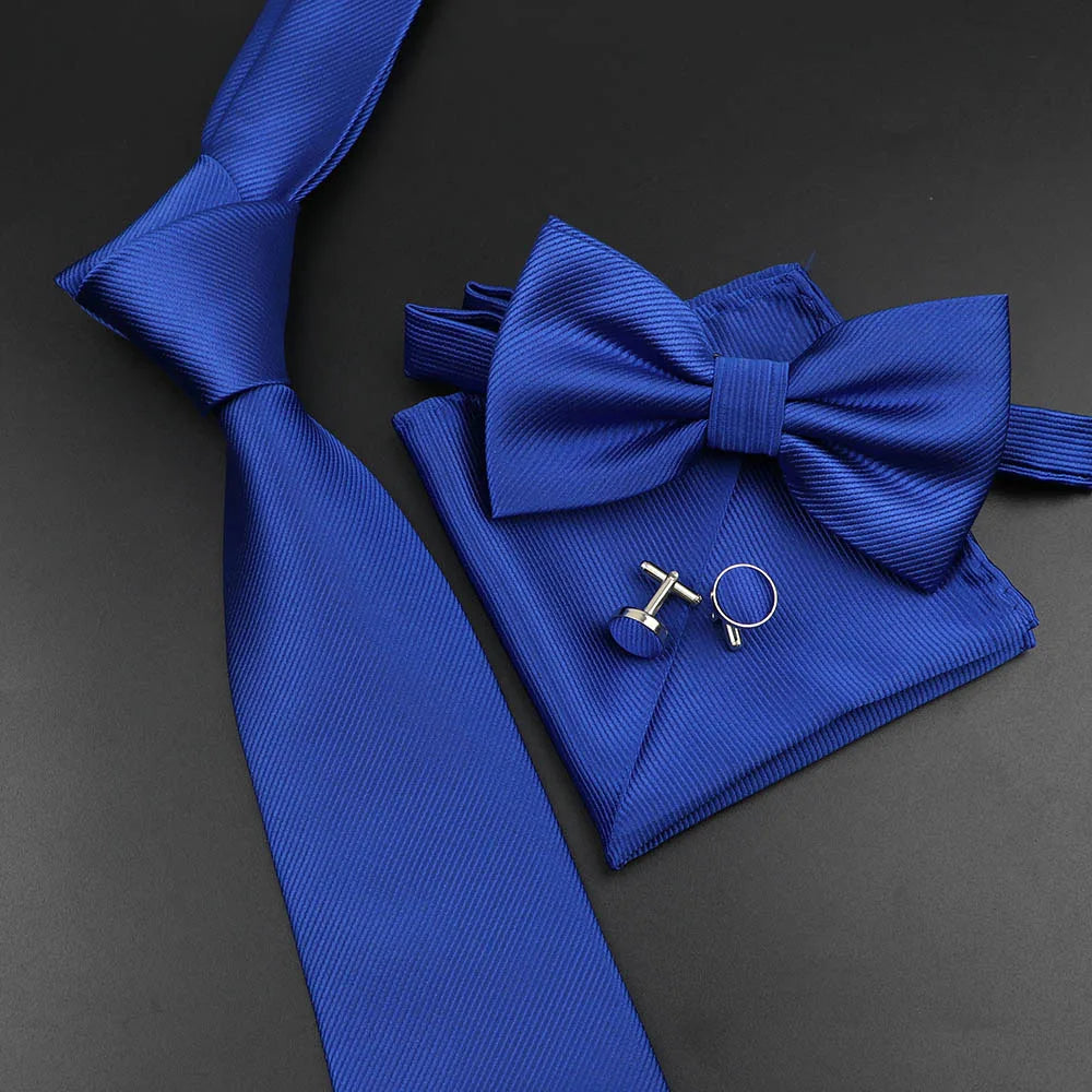 New Men's Tie Bowtie Set Luxury Business Worker Blue Black Solid Color Silk Polyester Jacquard Woven Necktie Suit Wedding Party