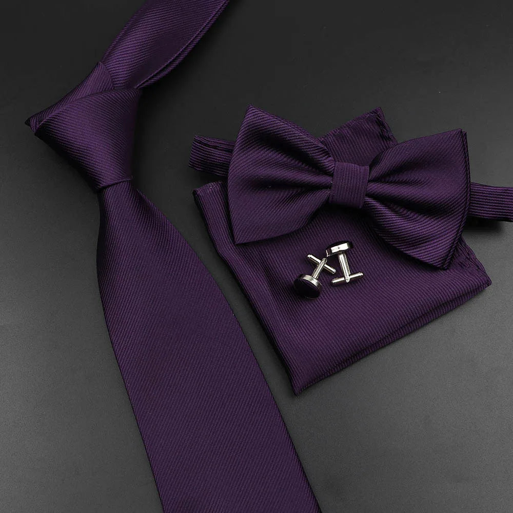 New Men's Tie Bowtie Set Luxury Business Worker Blue Black Solid Color Silk Polyester Jacquard Woven Necktie Suit Wedding Party