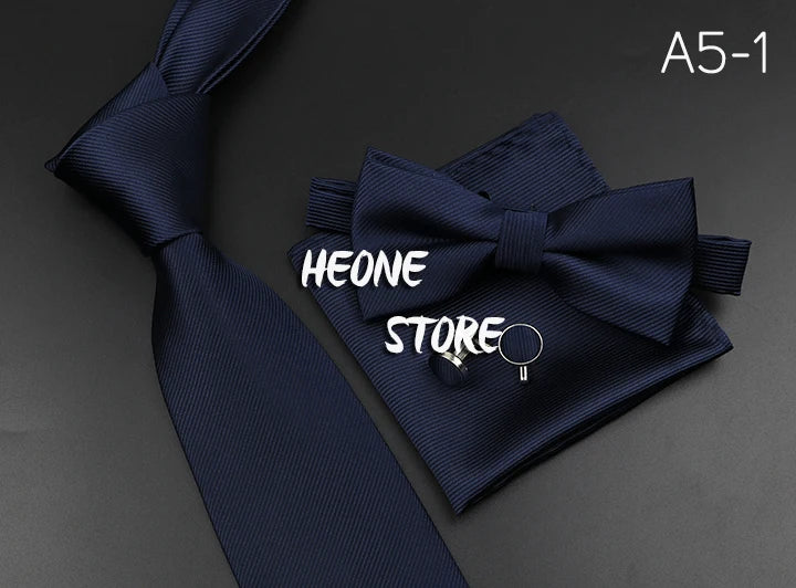 New Men's Tie Bowtie Set Luxury Business Worker Blue Black Solid Color Silk Polyester Jacquard Woven Necktie Suit Wedding Party