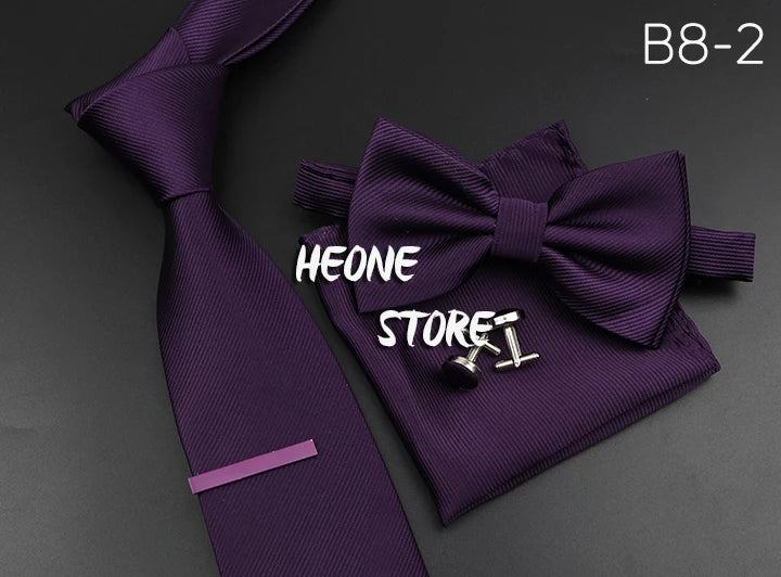 New Men's Tie Bowtie Set Luxury Business Worker Blue Black Solid Color Silk Polyester Jacquard Woven Necktie Suit Wedding Party