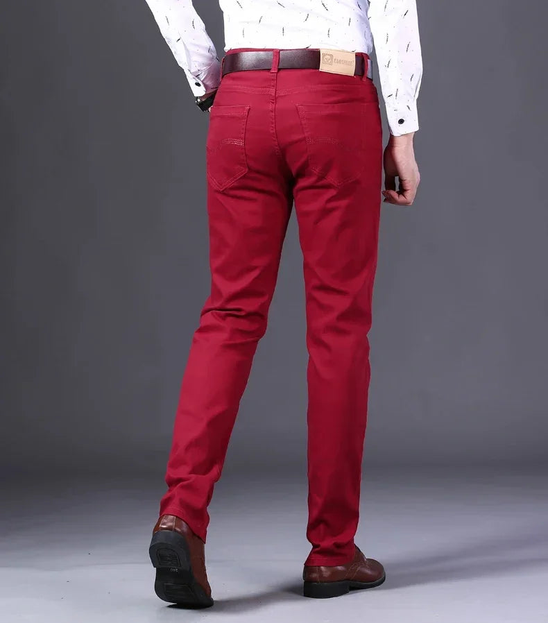 Men's Jeans Pure White Fashion Elastic Slim Youth Slimming Straight Leg Male Pants Business Casual Middle Age High End Trousers