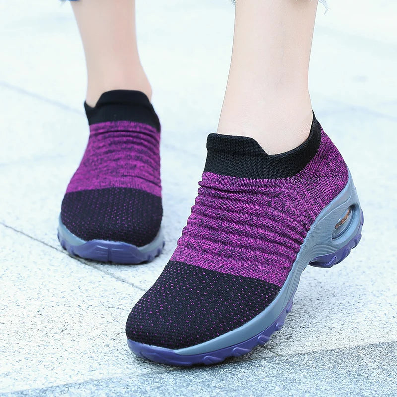 Women's Walking Trainers Fashion Fly Weaving Sock Sneakers Breathable Comfortable Nursing Shoes Casual Platform Loafers Non-Slip
