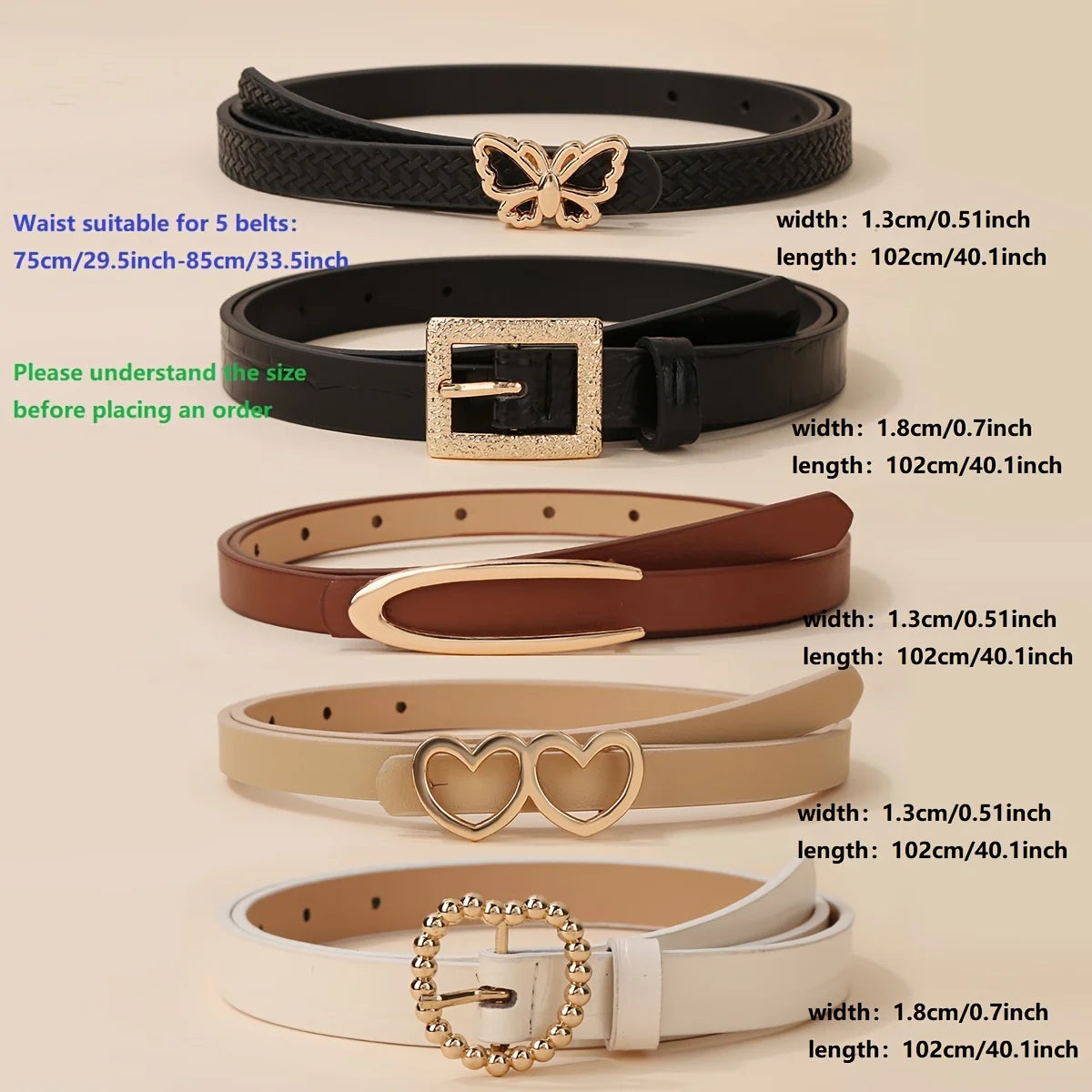 5pcs/set Trendy Buckle Belts Vintage Solid Color PU Leather Belt Casual Jeans Pants Belt For Women