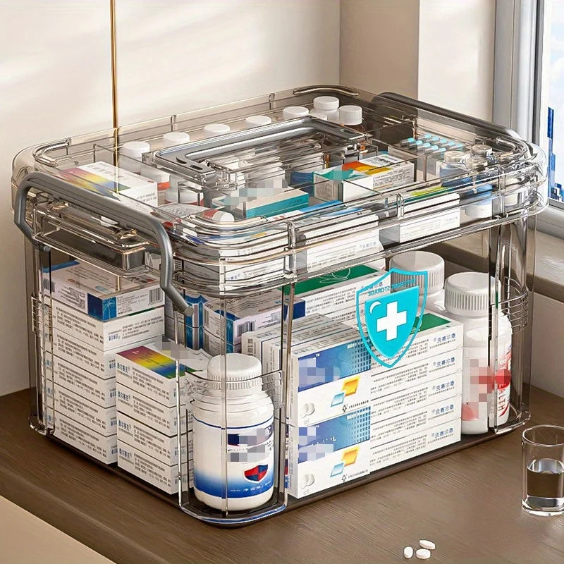 Multifunctional Plastic All-in-One Medicine Organizer - Transparent Water-Resistant Medical Storage Box, Medication Container