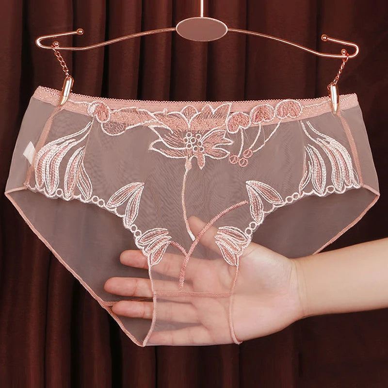 3PCS Solid Full Mesh Sexy Briefs Embroidered Floral Transparent Panties Plus Size Seamless Underwear Low Waist Erotic Lingerie
