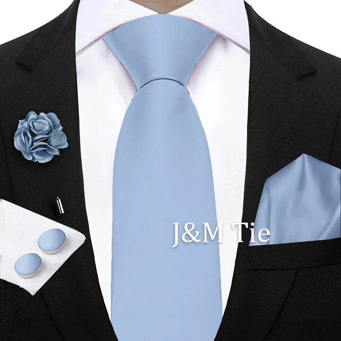 Mens Ties Solid NeckTie Pocket Square Brooch Set Men's Wedding Pink Blue Purple Tie Suit Accessories Fit Group Holiday Party