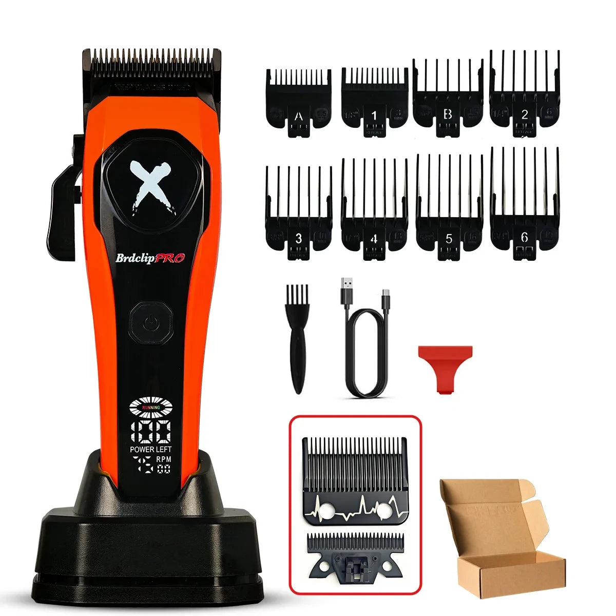 Professional BRDCLIP 619 Hair Clipper 7500RPM Precision Steel Sharp-angled Blades LCD Display Charging Base Hair Cutting Machine