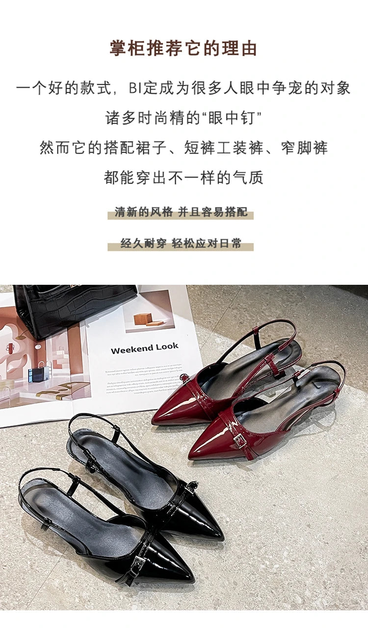 2026 New Summer Women's Dress Shoes Patent Leather Slip on Pointed Toe Sandals Buckle Slingbacks Mid Heels Pumps Sandalias Mujer
