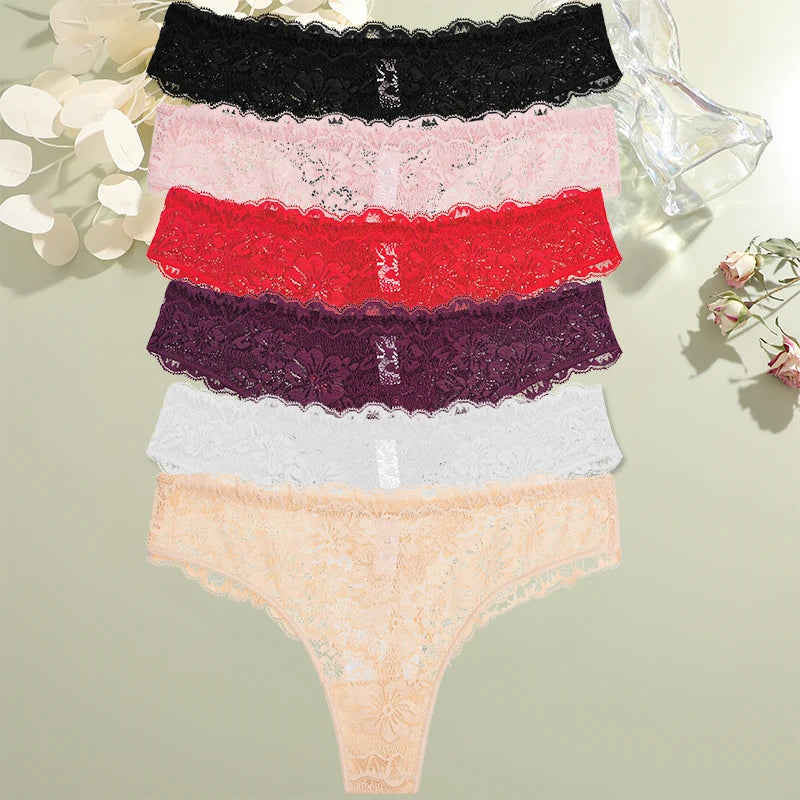 FINETOO 6Pcs/Set Perspective Lace Panties Hollow Out Low-waist Underwear Thongs Female Underpants Breathable Lingerie Intimates