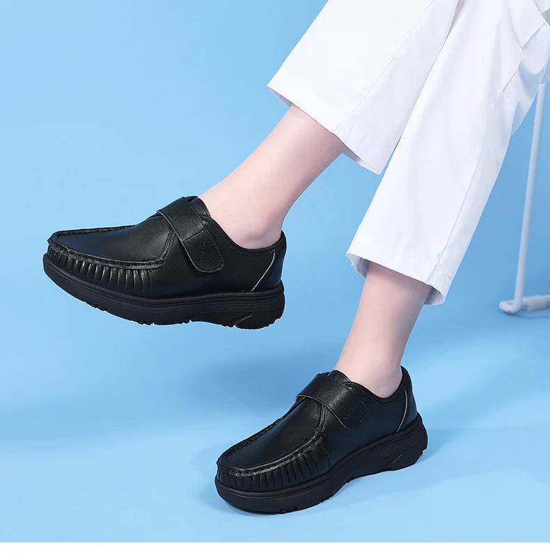 Women's Genuine Leather Nurse Shoes Soft Bottom Comfortable Breathable Anti-Slip Magic Tape Work Shoes Black White Spring Autumn