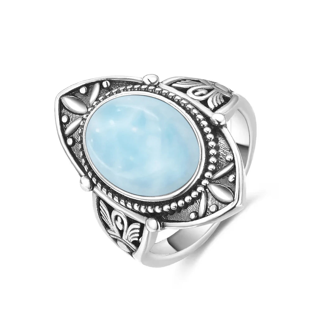 Vintage 925 Silver Ring Natural Larimar Stone Ring Round Flower Shape Sky Blue Summer Ring Fine Jewelry Gift for Men Women