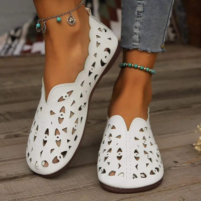 2025 Women Flat Shoes Genuine Leather Woman Pointed Toe Flats Summer Lady Hollow Out Loafers Women Shoes Sandals