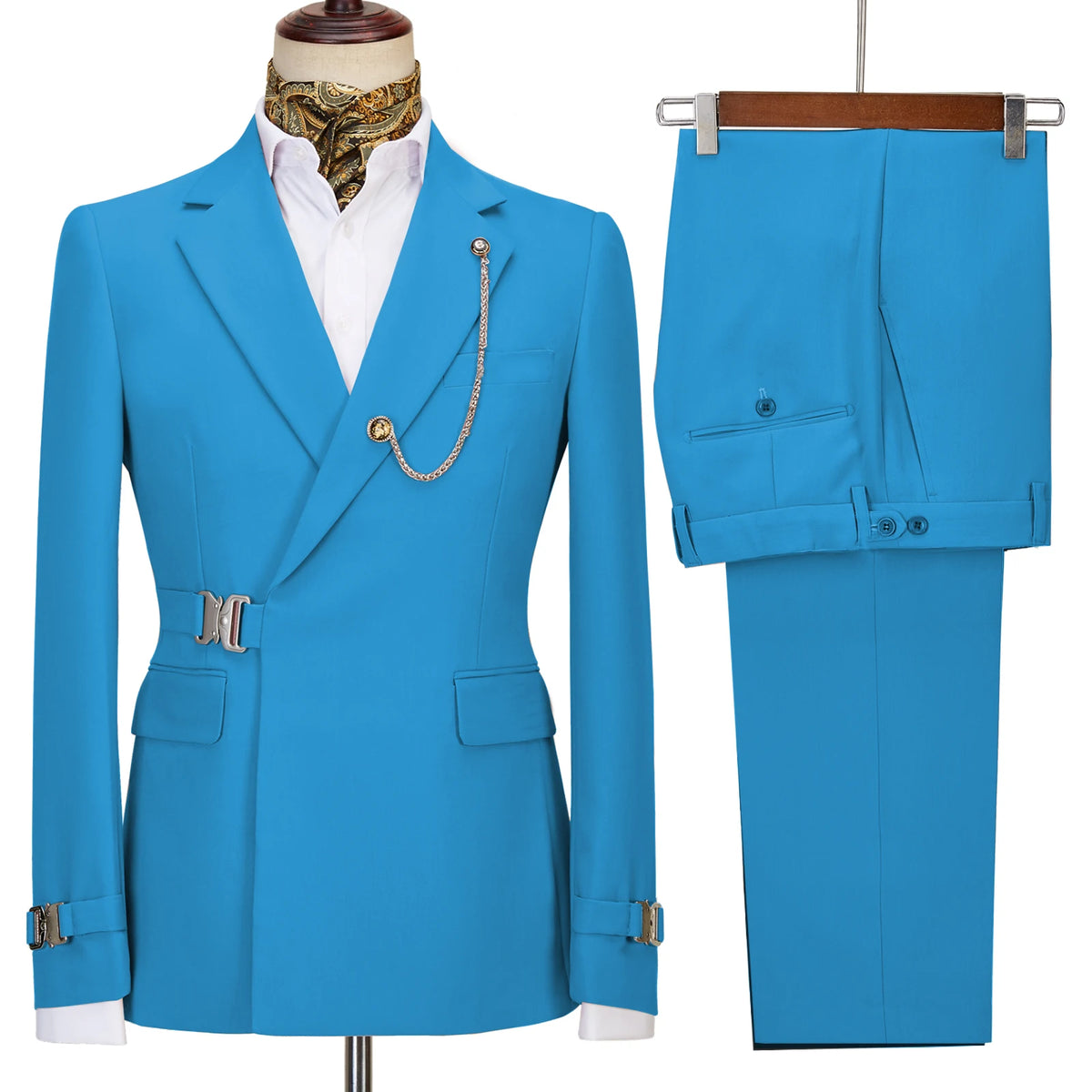 Elegant Men's Suit 2 Pieces Fashion Metal Buckle Jacket Boutique Business Casual Suit Coat Groom Wedding Dress (Blazers+Pants)