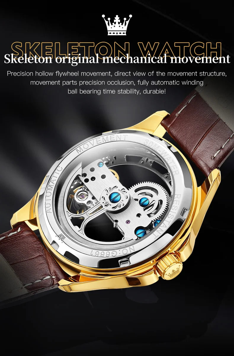 OLEVS 6661 Top Brand Men's Watches Fashion Hollow Flywheel Automatic Mechanical Wristwatch Waterproof Luminous Leather Strap