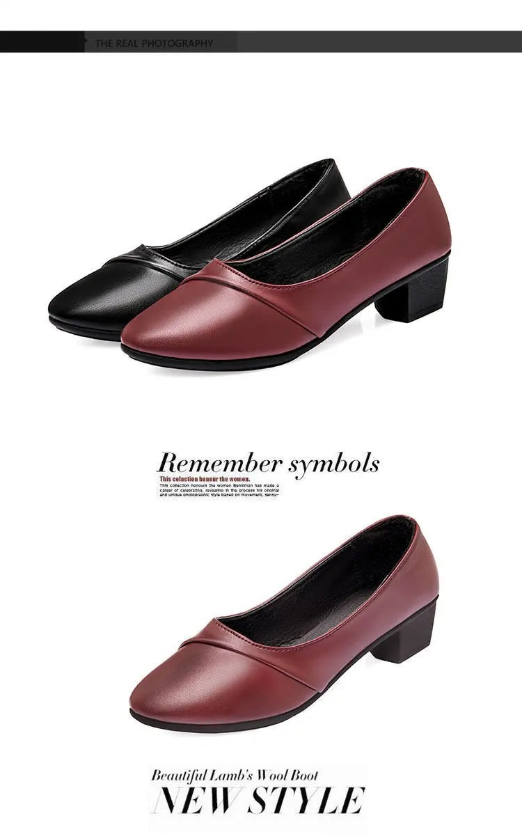 Women Shallow Mouth Mid Heel Shoes 3-5cm Square Heel Low Top Pointed Toe PU Leather Rubber Sole Comfort Casual Office Dress Wear
