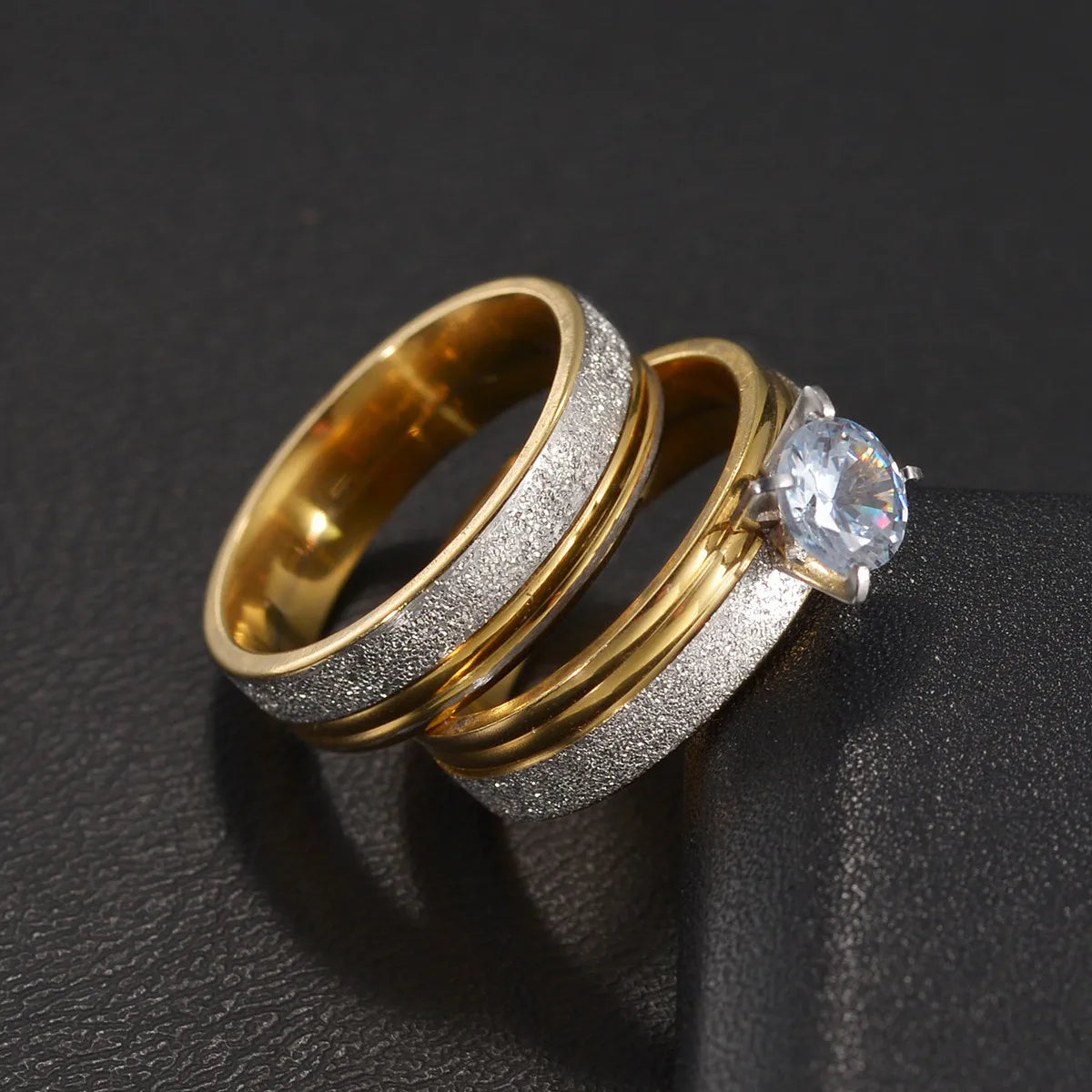 Couple Rings - Women Exquisite Rhinestones Zirconia Rings Set Simple Stainless Steel Men Ring Fashion Jewelry For Lover Gifts