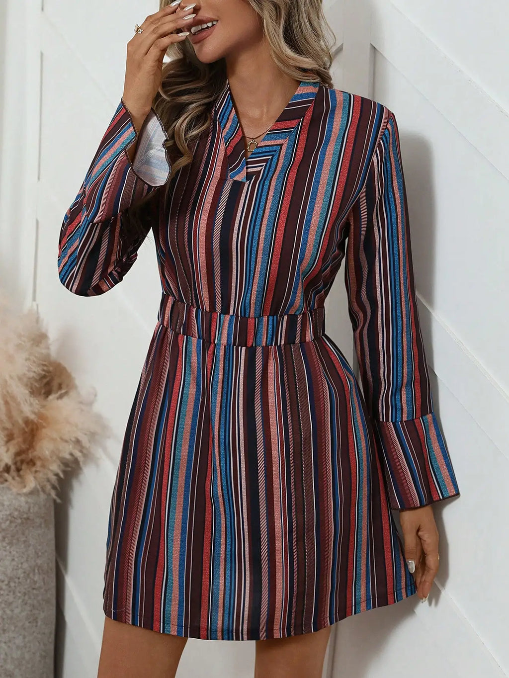 Women's elegant dress, winter dress, striped print, casual, conservative, party-appropriate, belted, button-down, everyday.