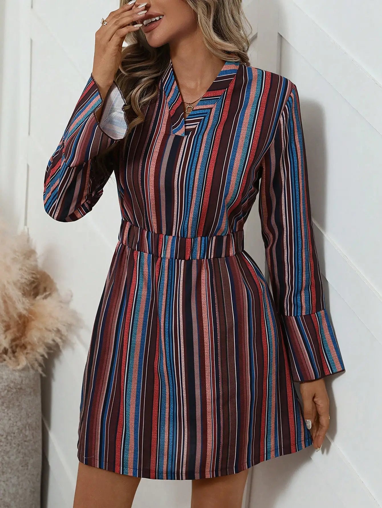 Women's elegant dress, winter dress, striped print, casual, conservative, party-appropriate, belted, button-down, everyday.