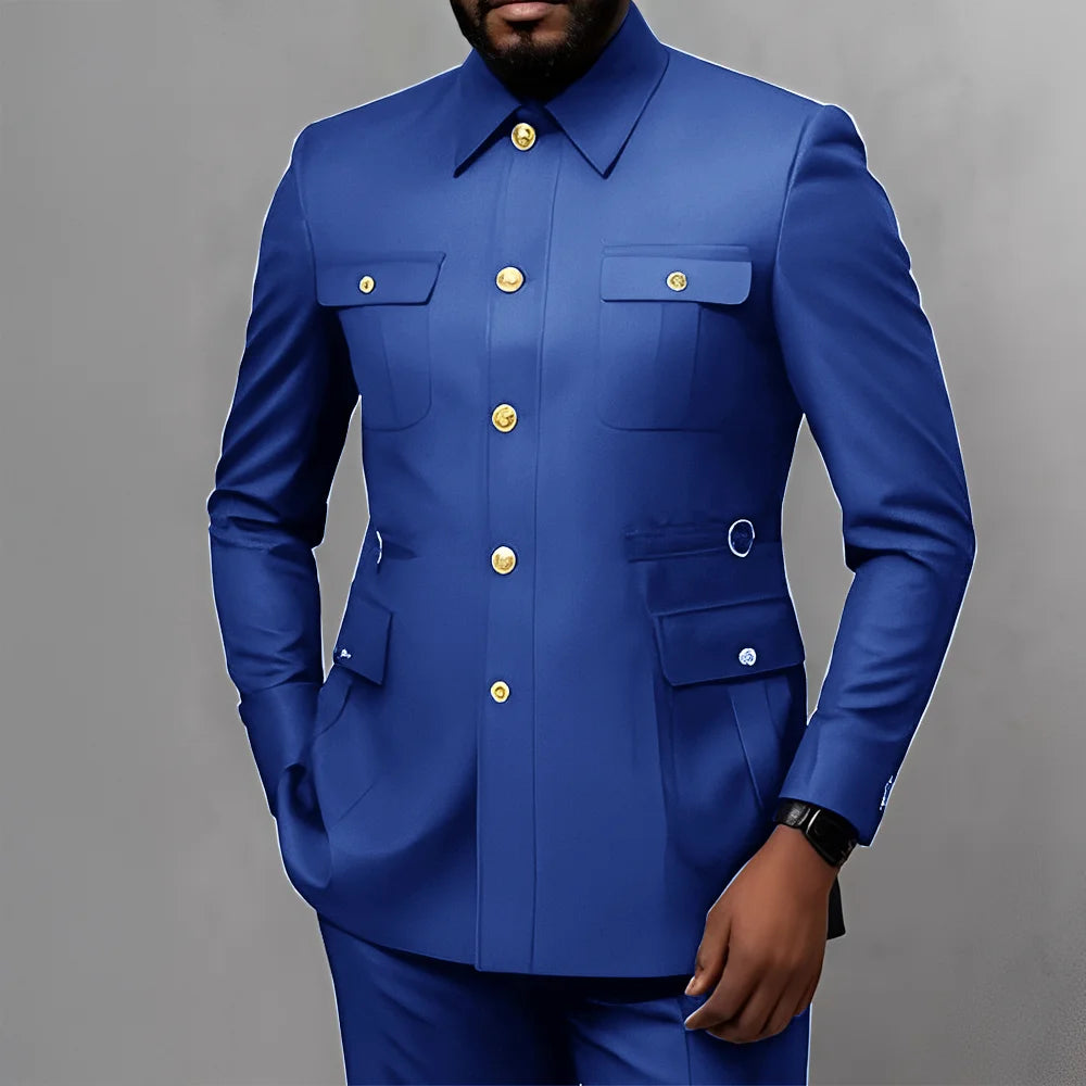 Men's 2-Piece Formal Suit, Utility Style, Golden Buttons, Suit + Trousers Combination, Fashionable Business Use