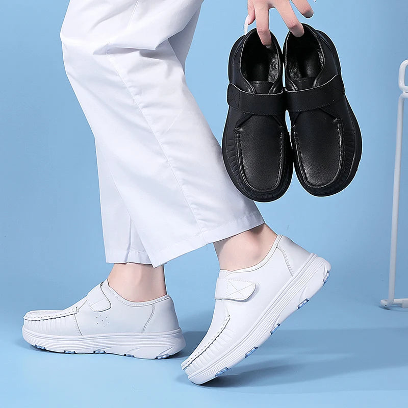 Women's Genuine Leather Nurse Shoes Soft Bottom Comfortable Breathable Anti-Slip Magic Tape Work Shoes Black White Spring Autumn