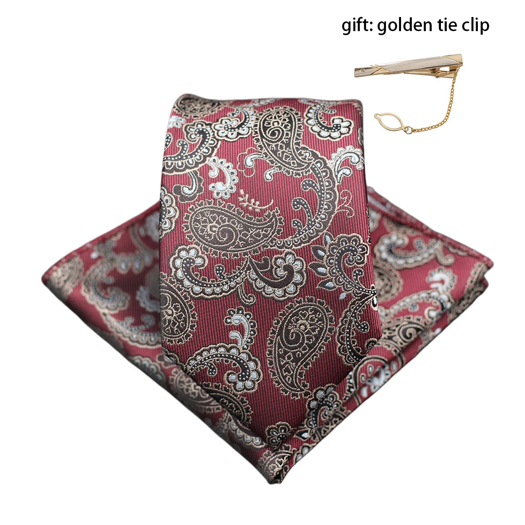 Mens Gift Tie Set Exquisite Red Jacquard Wine Burgundy Paisley Wedding Tie For Men Fashion Design Quality Hanky Dropshipping