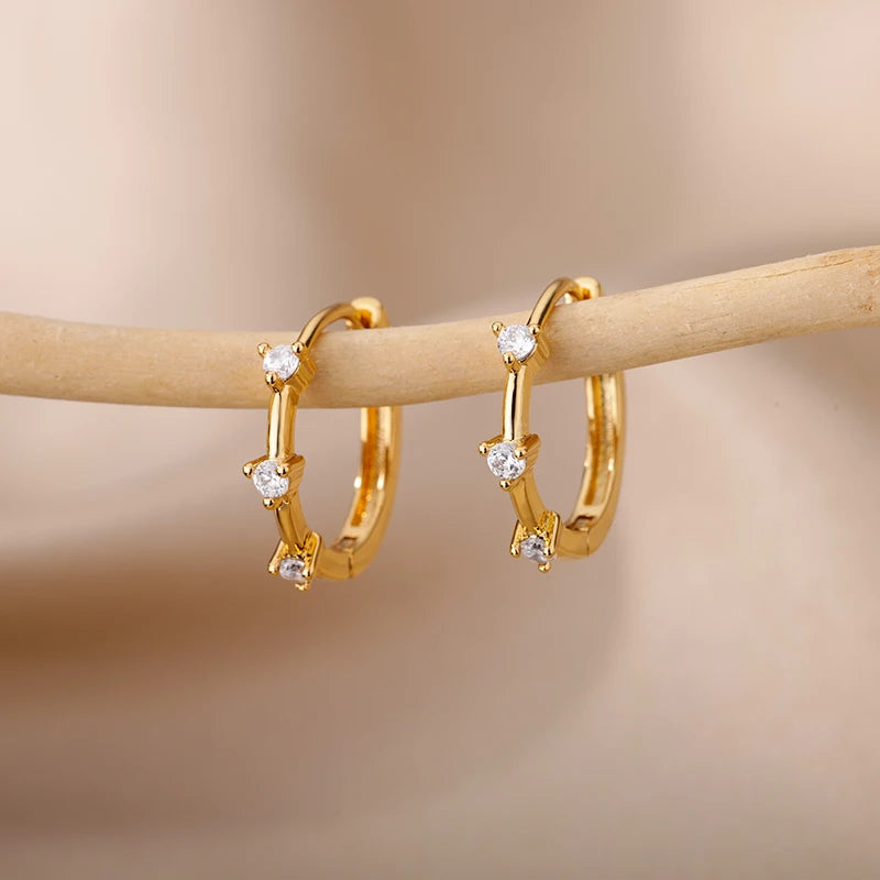 Cubic Zirconia Hoop Earrings For Women Luxury Crystal Zircon Gold Color Stainless Steel Earring Jewelry Wedding Party Gift
