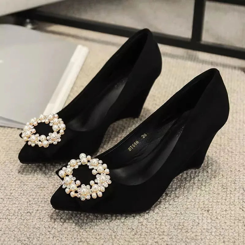 Women Shoes Fashion Wedges Platform Shoe Luxury Diamond Banquet Party Dress Shoes Pointe Shallow Mouth Single Shoe Zapatos Mujer