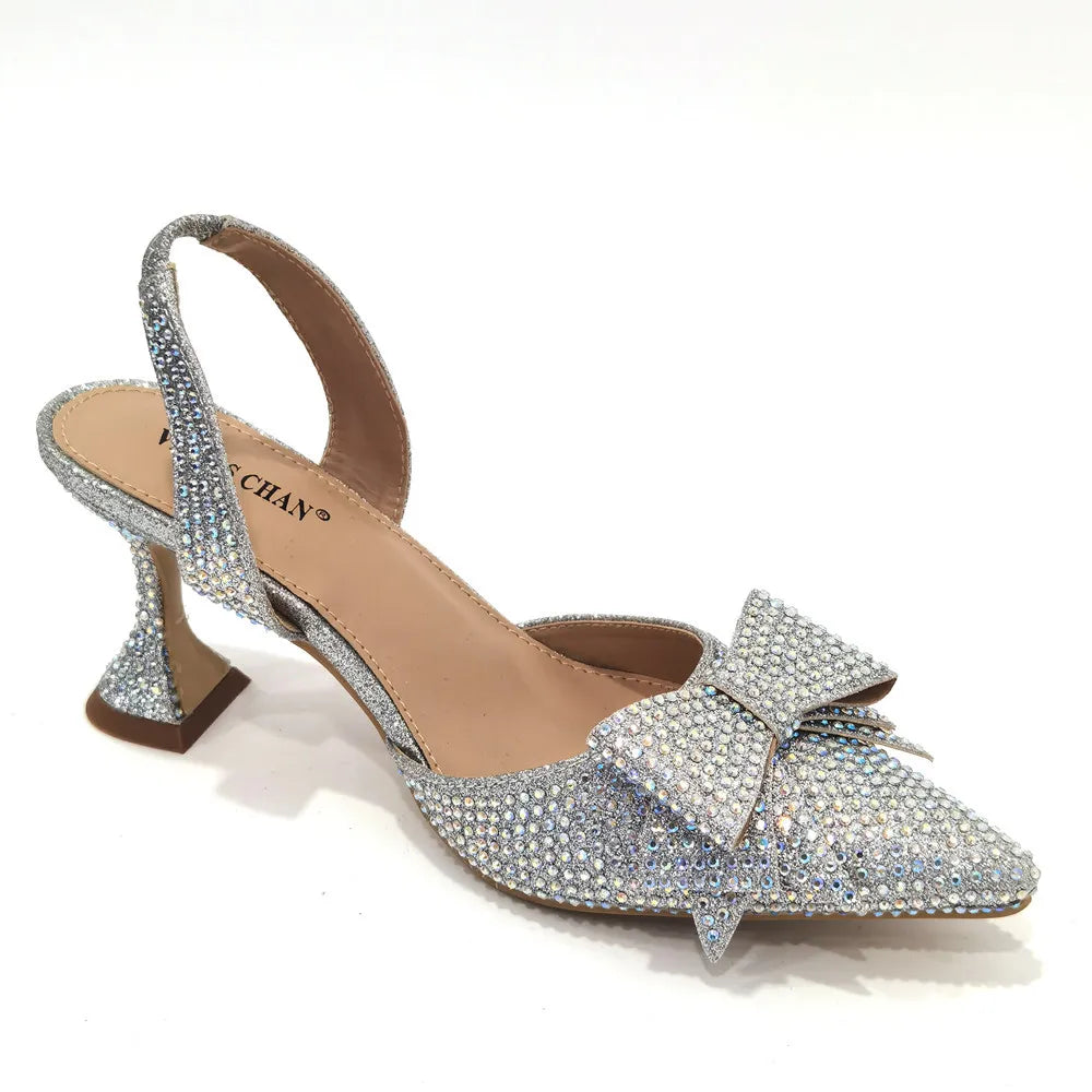 2022 Fashion Womens Dress Shoes Open Toe Ladies Sandals with Heels Latest African Women Wedding Shoes Decorated with Rhinestone