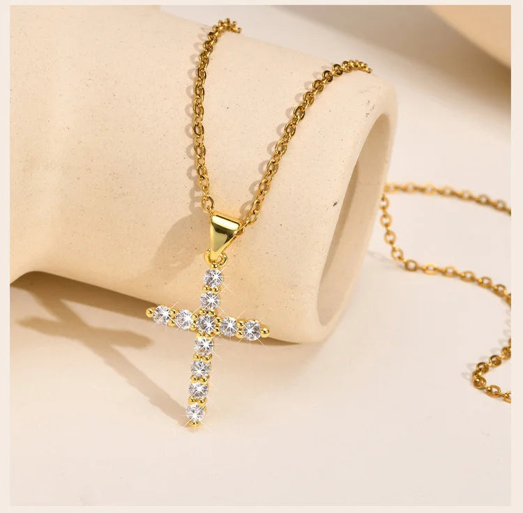 Minimalist Simple Cubic Zirconia Cross Pendant Neckalce for Women,  CZ Crucifix Neclace, 316L Stainless Steel Not Fade