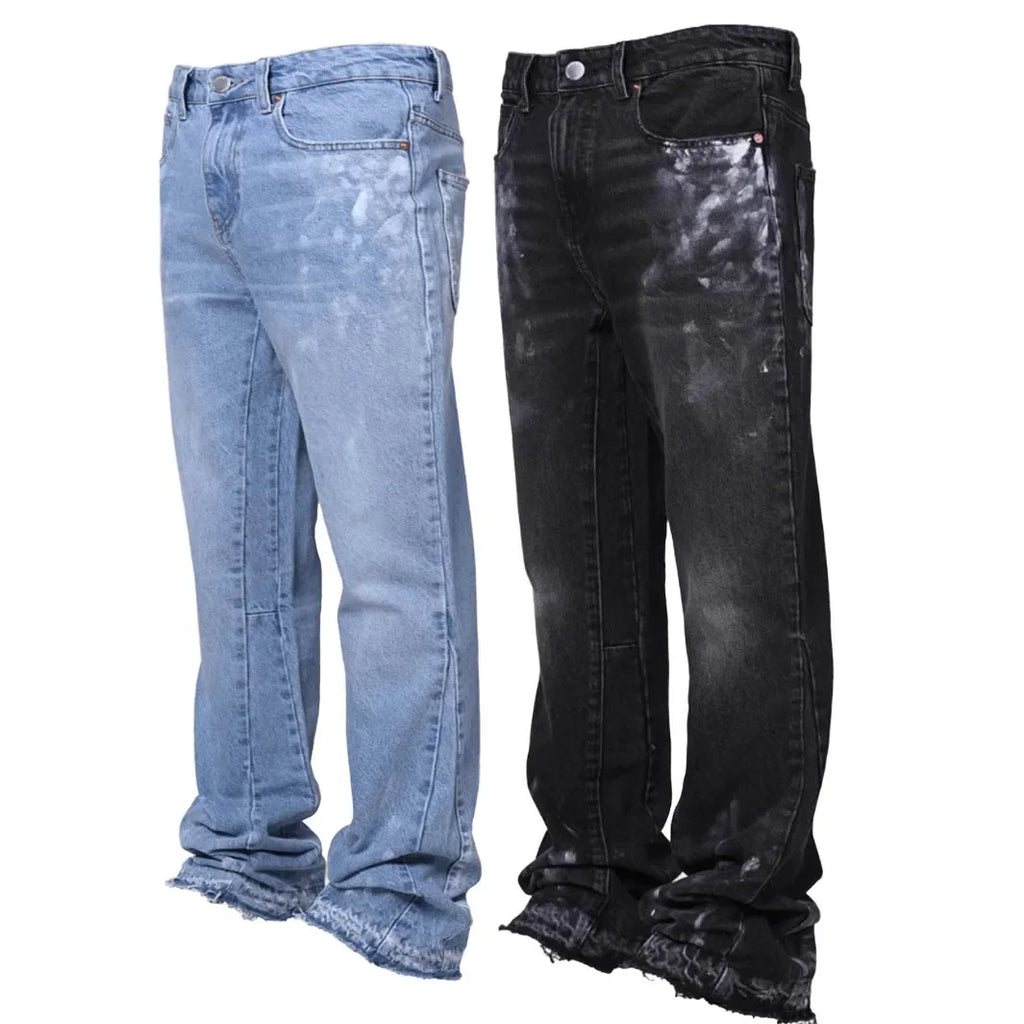 Men's Fashion Jeans Work Pants, European and American Fashion Workwear Elastic Patchwork Denim Layered Flared Pants S-XXL
