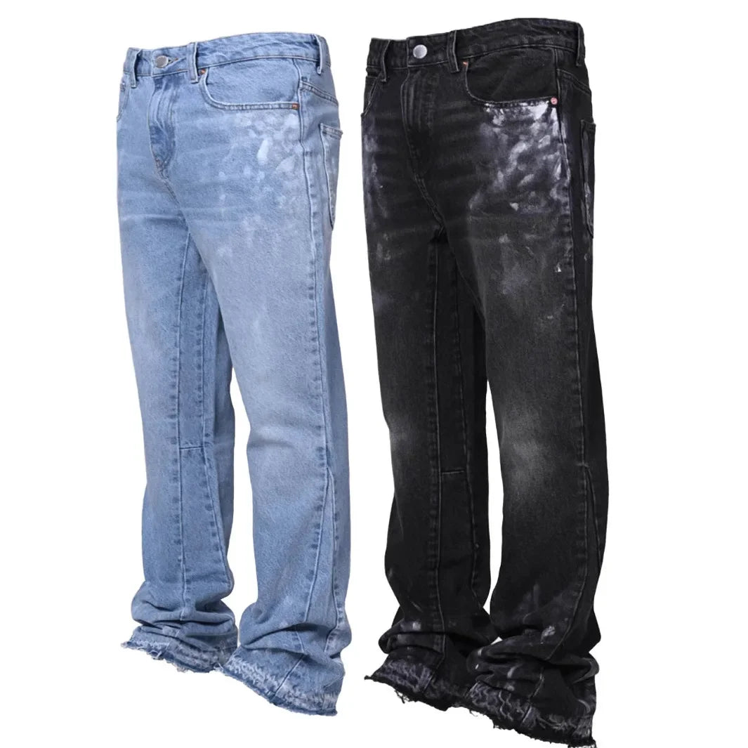 Men's Fashion Jeans Work Pants, European and American Fashion Workwear Elastic Patchwork Denim Layered Flared Pants S-XXL