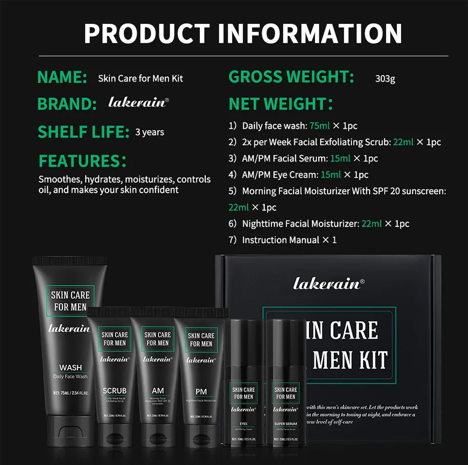 Men's Skin Care Kit - 3 in 1 Set with Face Wash, Moisturizing Cream & Eye Cream, Daily Anti-Aging & Oil Control Facial Treatment
