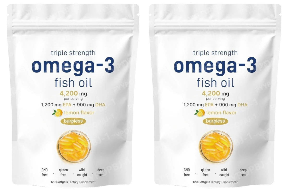 Triple Strength Omega 3 Fish Oil Supplements 4200mg Per Serving 120 Softgels Lemon Flavored Burpless EPA