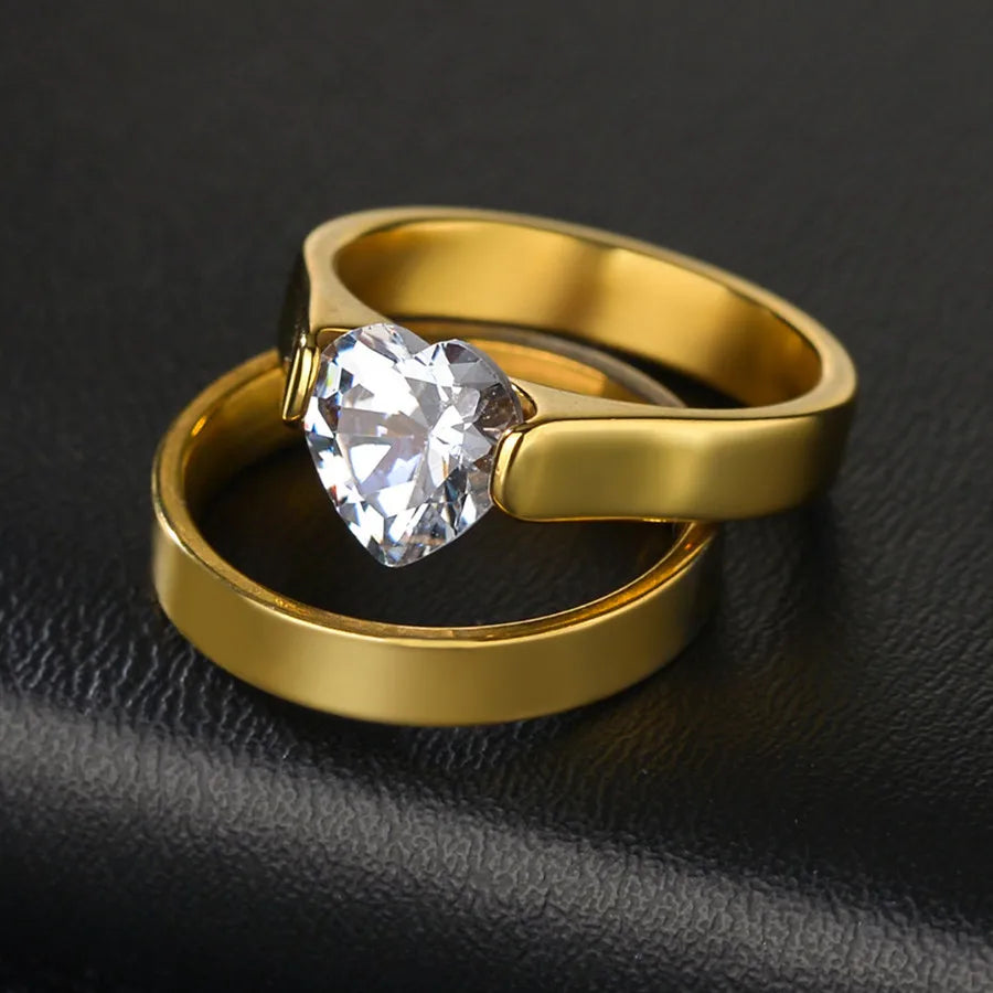Couple Rings - Women Exquisite Rhinestones Zirconia Rings Set Simple Stainless Steel Men Ring Fashion Jewelry For Lover Gifts