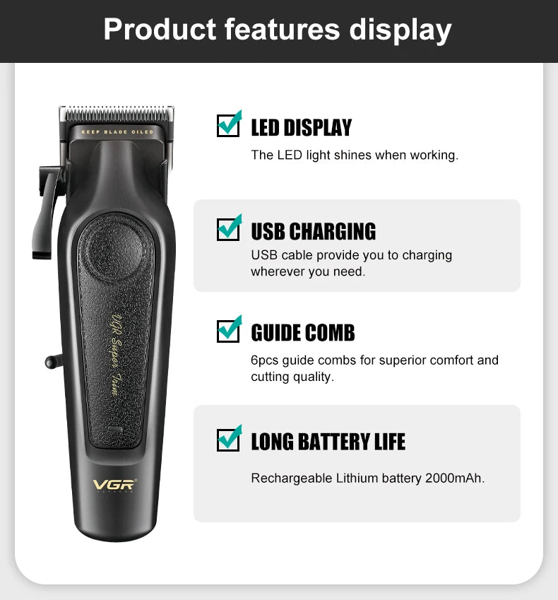 VGR V-197&995 high-end hair clipper two-piece set, metal leather body, electric push shear, LED digital display, oil head carvin