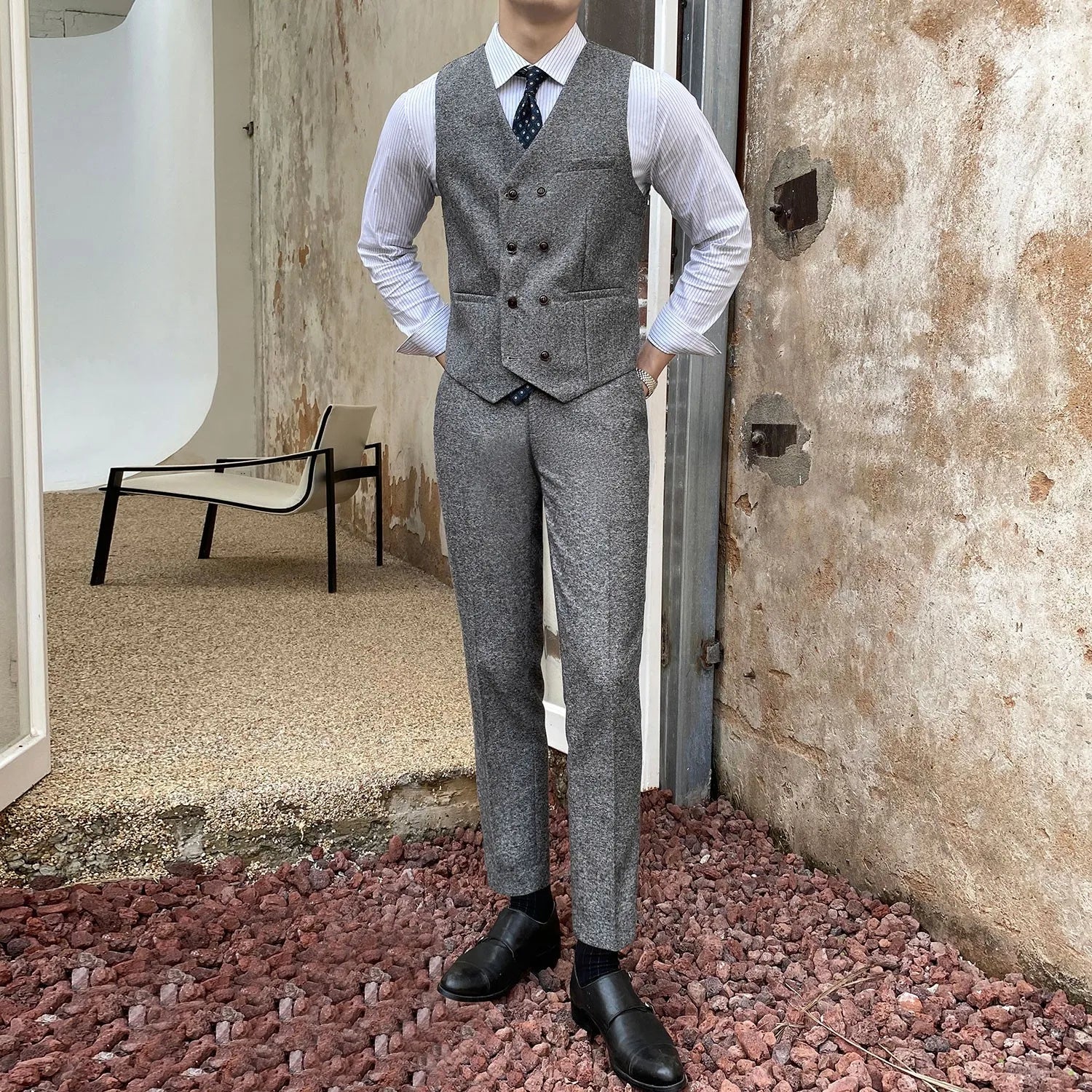 Vest Suit Men Groomsmen Clothes British Retro Tweed Vest Male Bridegroom Wedding Dress Brothers Outfit Waistcoat Pants Two Piece
