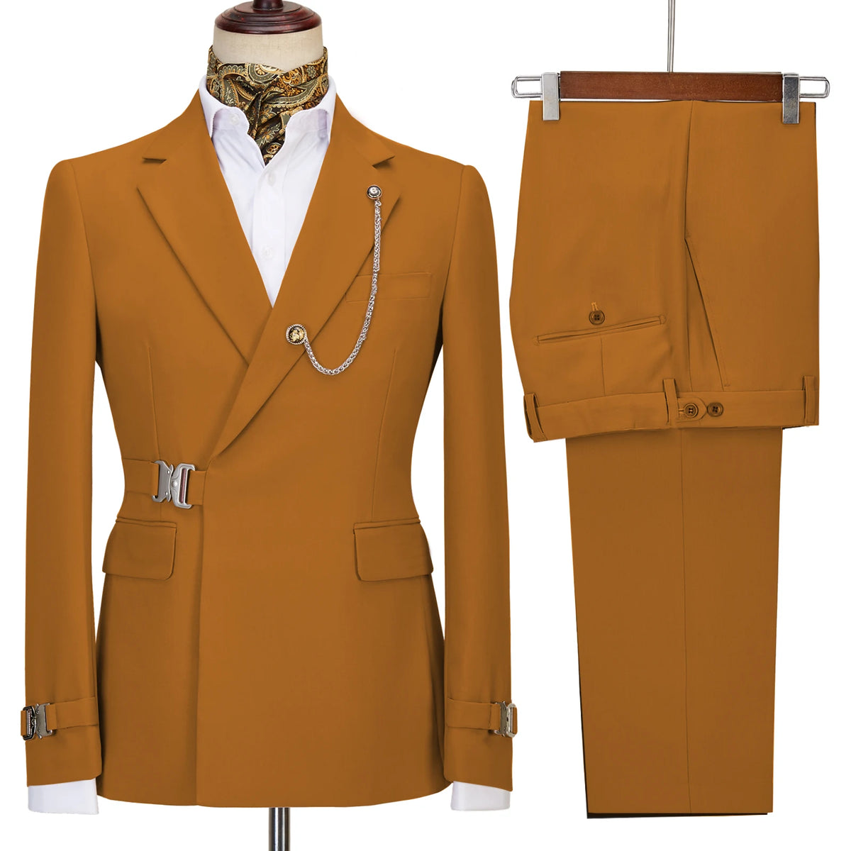 Elegant Men's Suit 2 Pieces Fashion Metal Buckle Jacket Boutique Business Casual Suit Coat Groom Wedding Dress (Blazers+Pants)