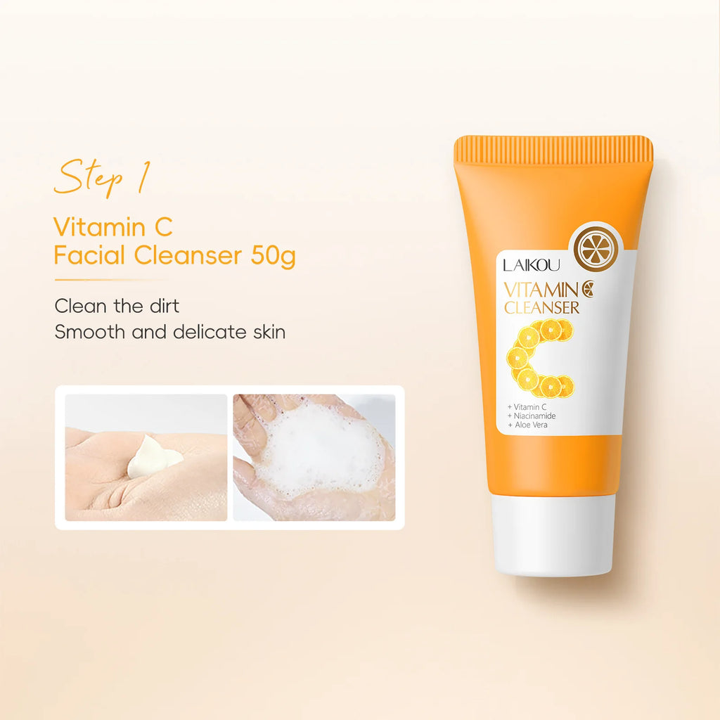 Facial Brightening Vitamin C Skincare 5pcs Set Essence Cream Serum Cleanser Toner Eye Moisturizer Care