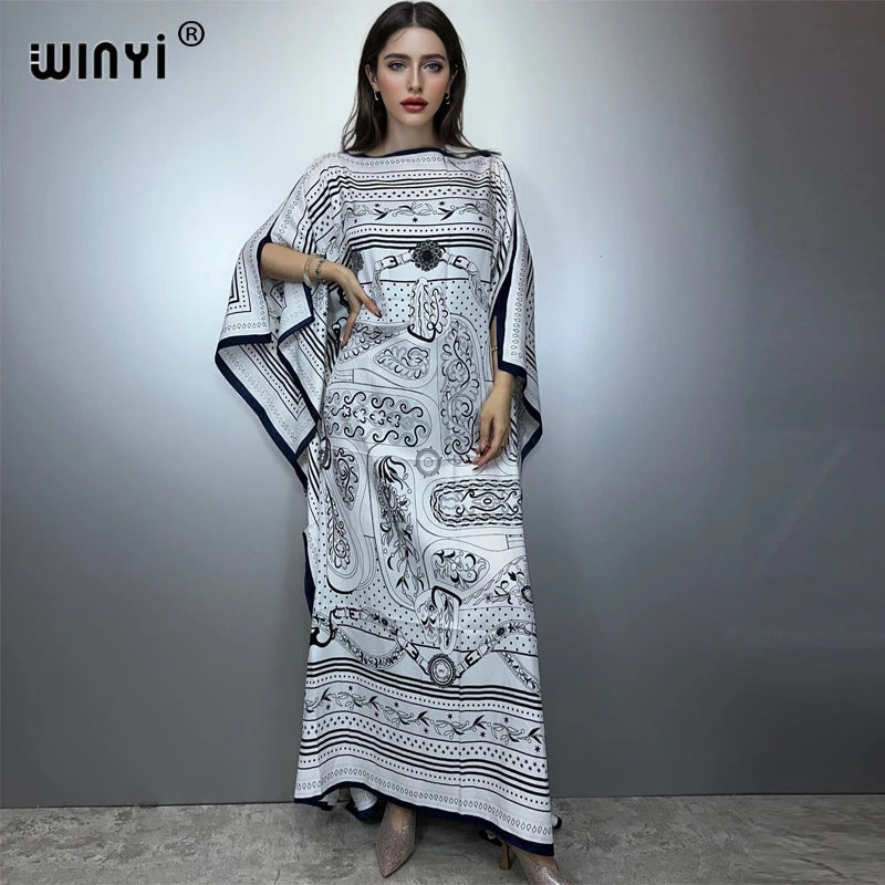 Printed Dresses For Women 2025 Fashion Design Loose Dress Batwing Maxi Long Femme Vestidos Summer Autumn Party Elegant Dress
