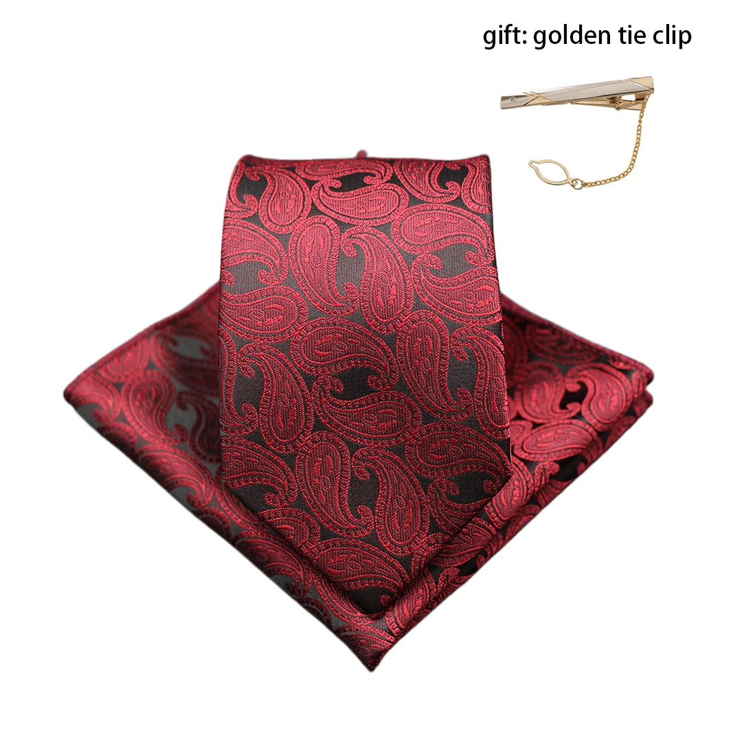 Mens Gift Tie Set Exquisite Red Jacquard Wine Burgundy Paisley Wedding Tie For Men Fashion Design Quality Hanky Dropshipping