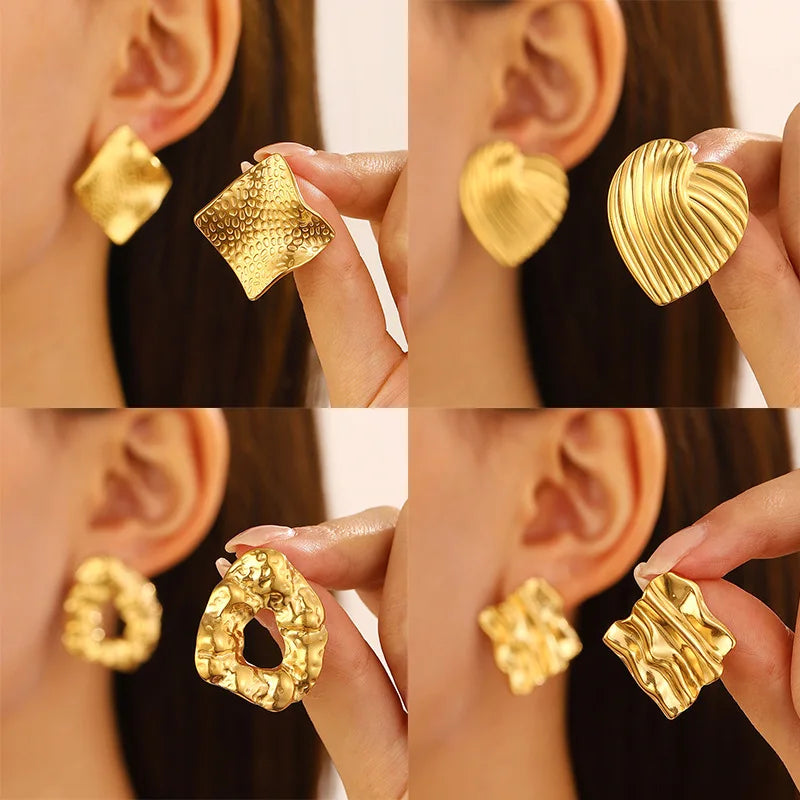 Stainless Steel Wrinkled Gold Color Earrings For Women Metal Earing Jewelry 2026 Trending Vintage Round Square Heart Earrings