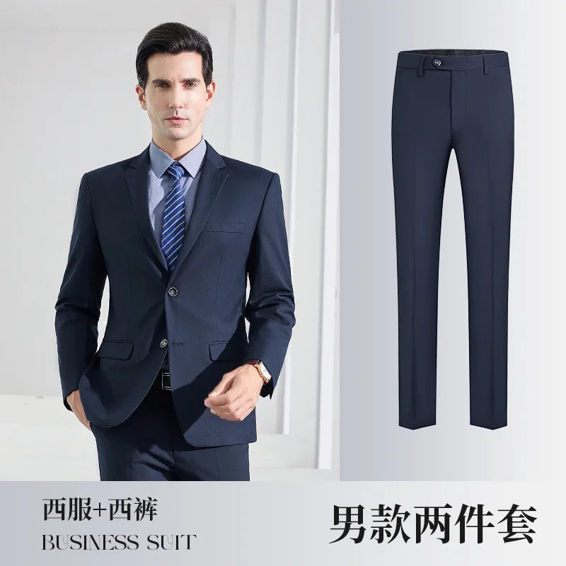 Men's Formal Business Suit Set Black Grey Blue Blazer Pants 2 Piece Work Wear For Office Sales Property 4S Store Staff
